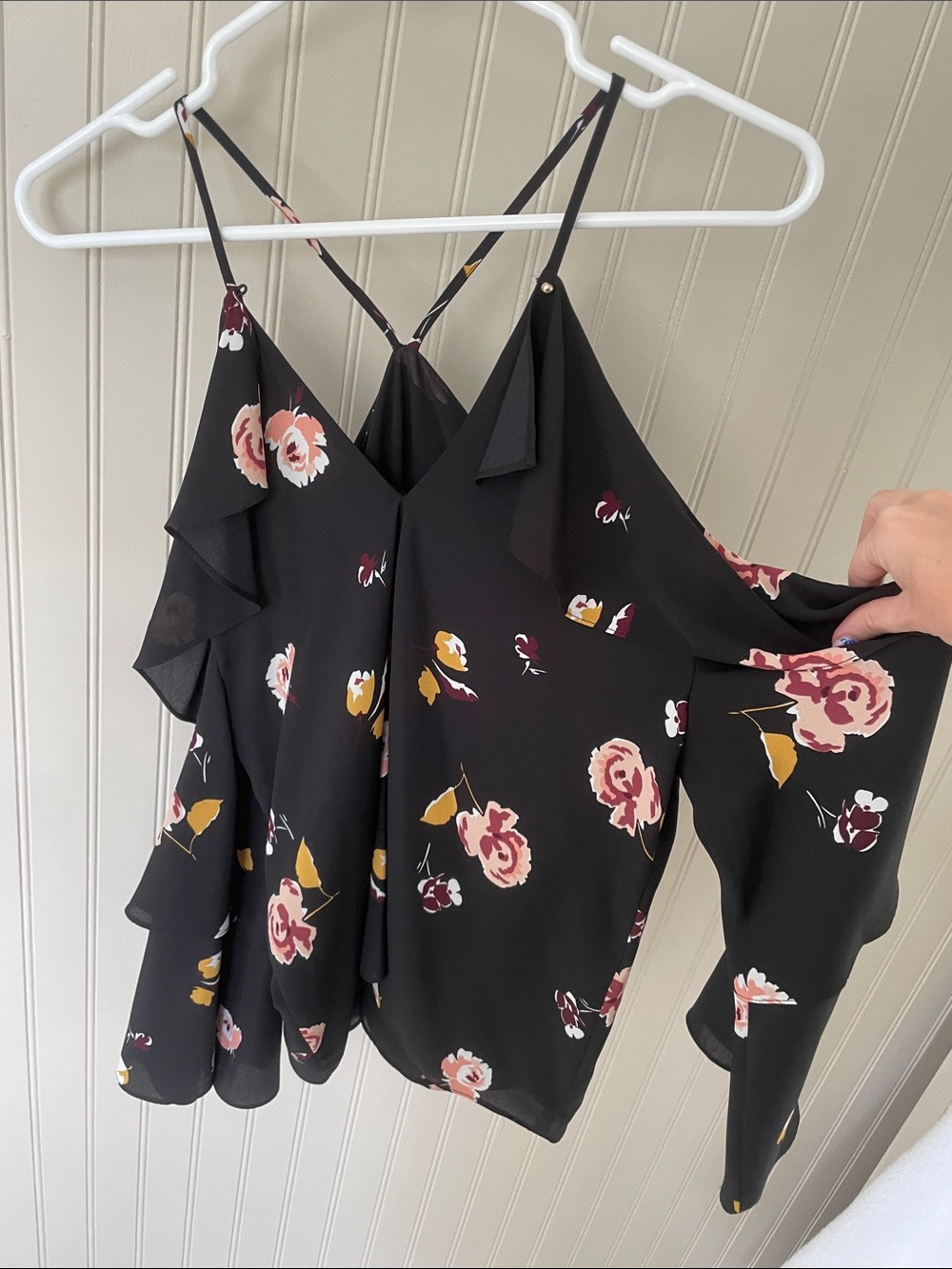 1. State Black Floral Cold-Shoulder Ruffle Cami